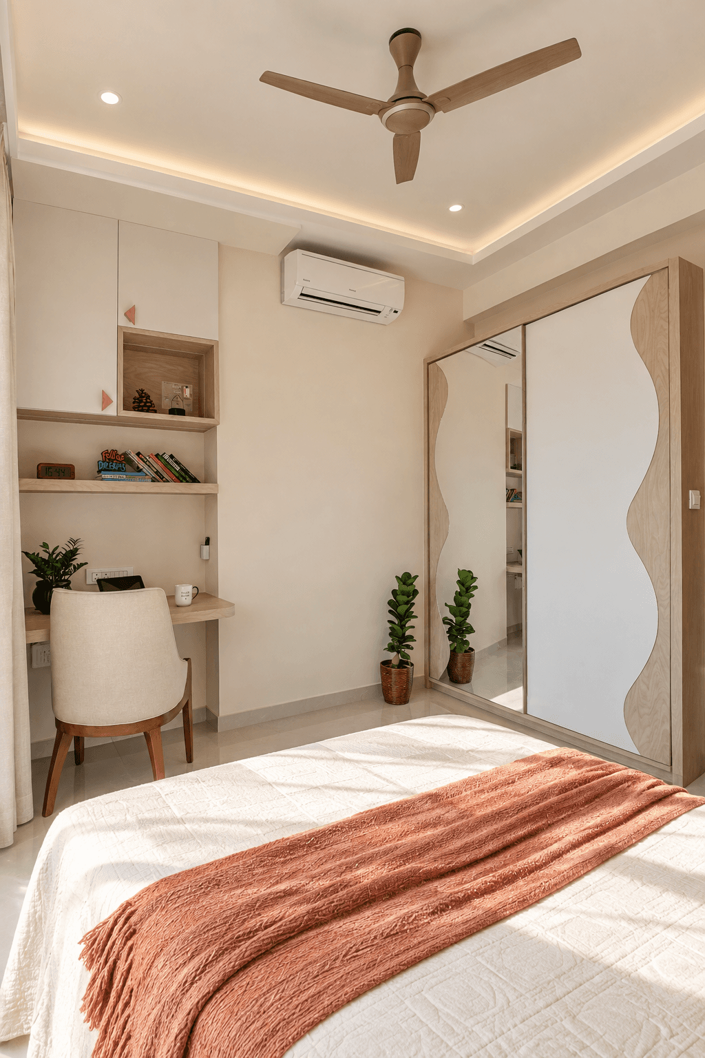 Guest bedroom with a sculpted wardrobe and dedicated study corner