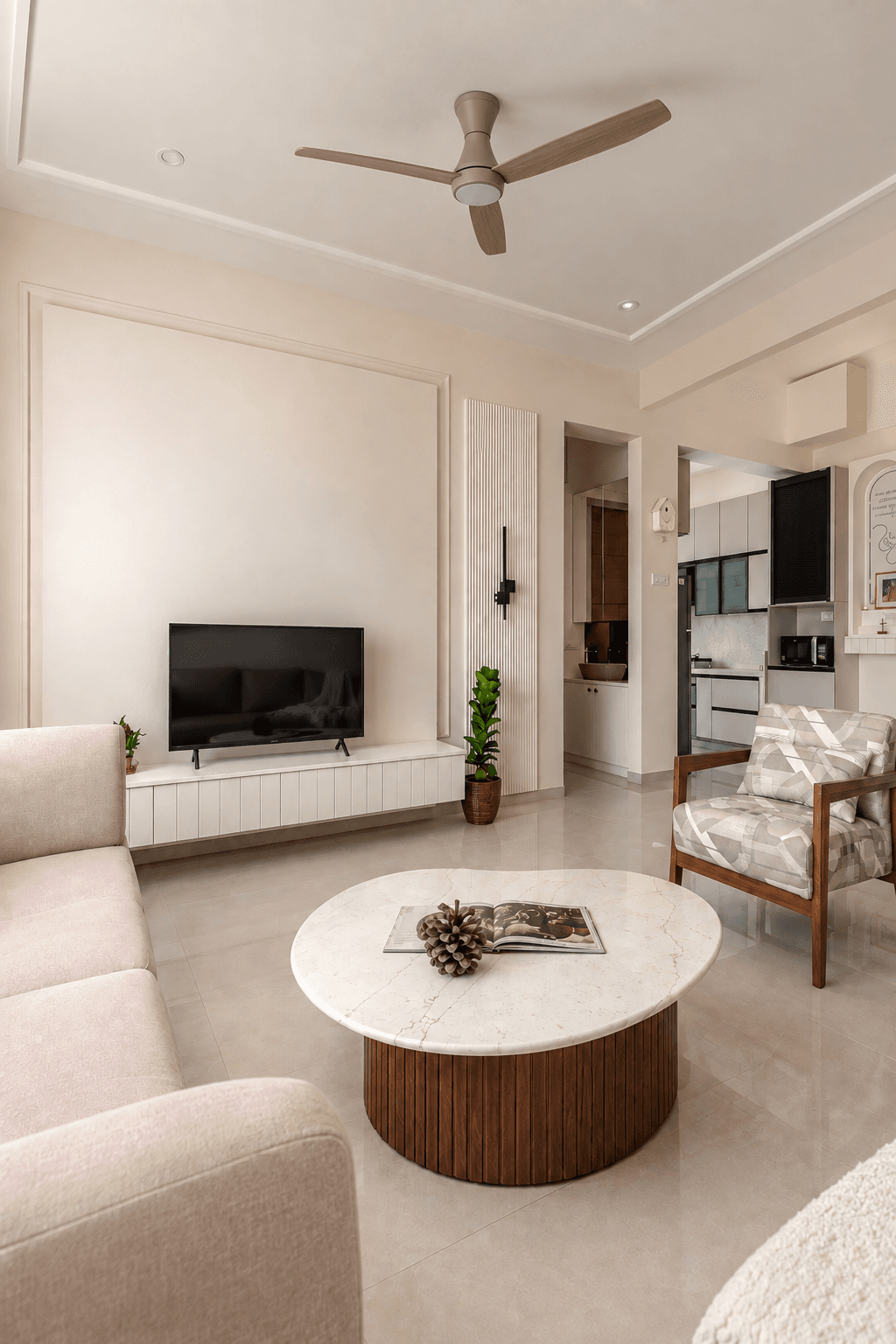 Minimalist living room styled with layered neutral textures and soft daylight