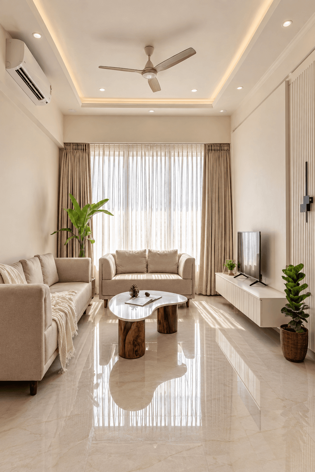 Minimal living room with a floating TV console and warm neutral tones