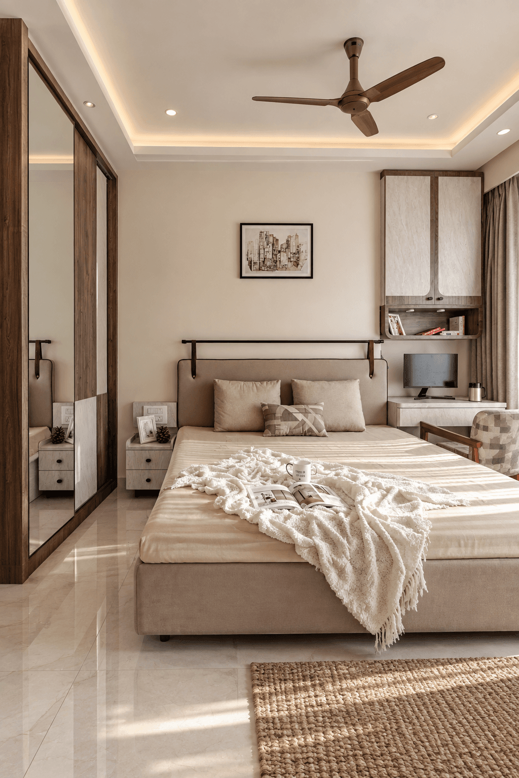 Serene master bedroom suite with tailored soft furnishings